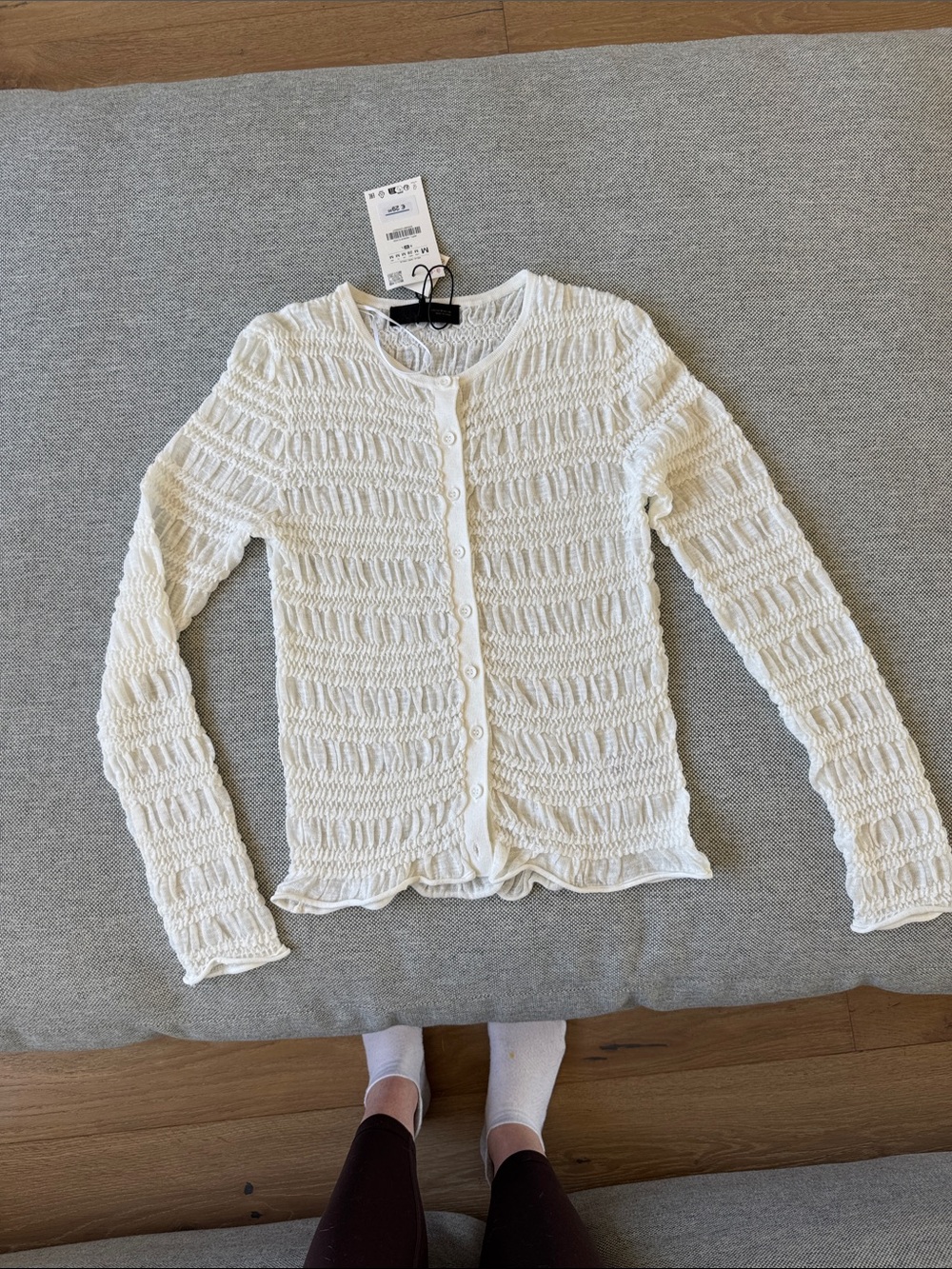 Zara White Button-Front Textured Knit Cardigan